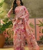 peach linen cotton blend digital printed abstract saree