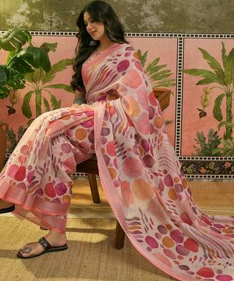 peach linen cotton blend digital printed abstract saree 2