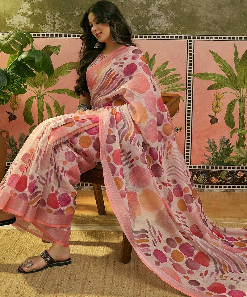 peach linen cotton blend digital printed abstract saree
