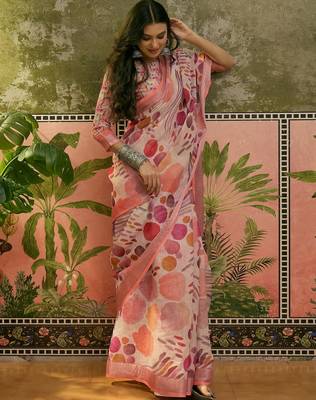peach linen cotton blend digital printed abstract saree 3