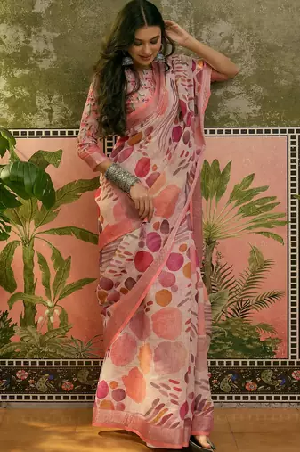 peach linen cotton blend digital printed abstract saree