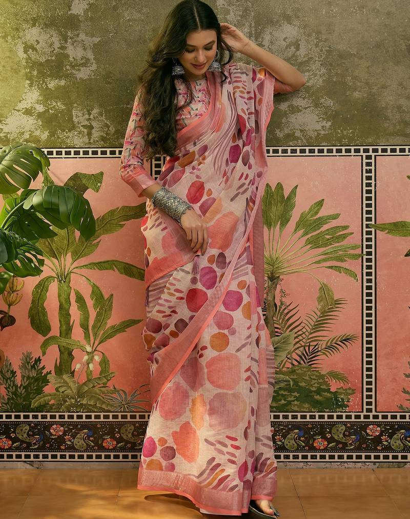 peach linen cotton blend digital printed abstract saree