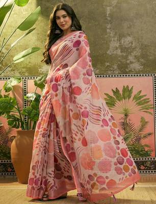 peach linen cotton blend digital printed abstract saree 4