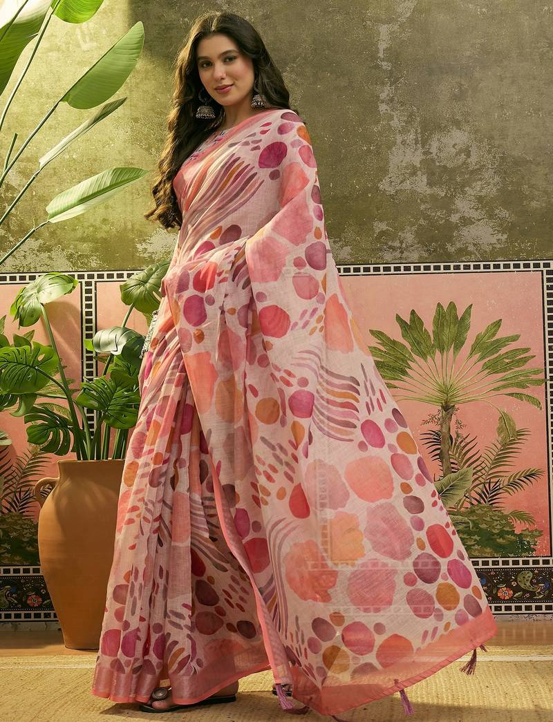 peach linen cotton blend digital printed abstract saree