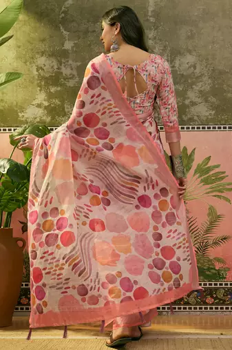 peach linen cotton blend digital printed abstract saree
