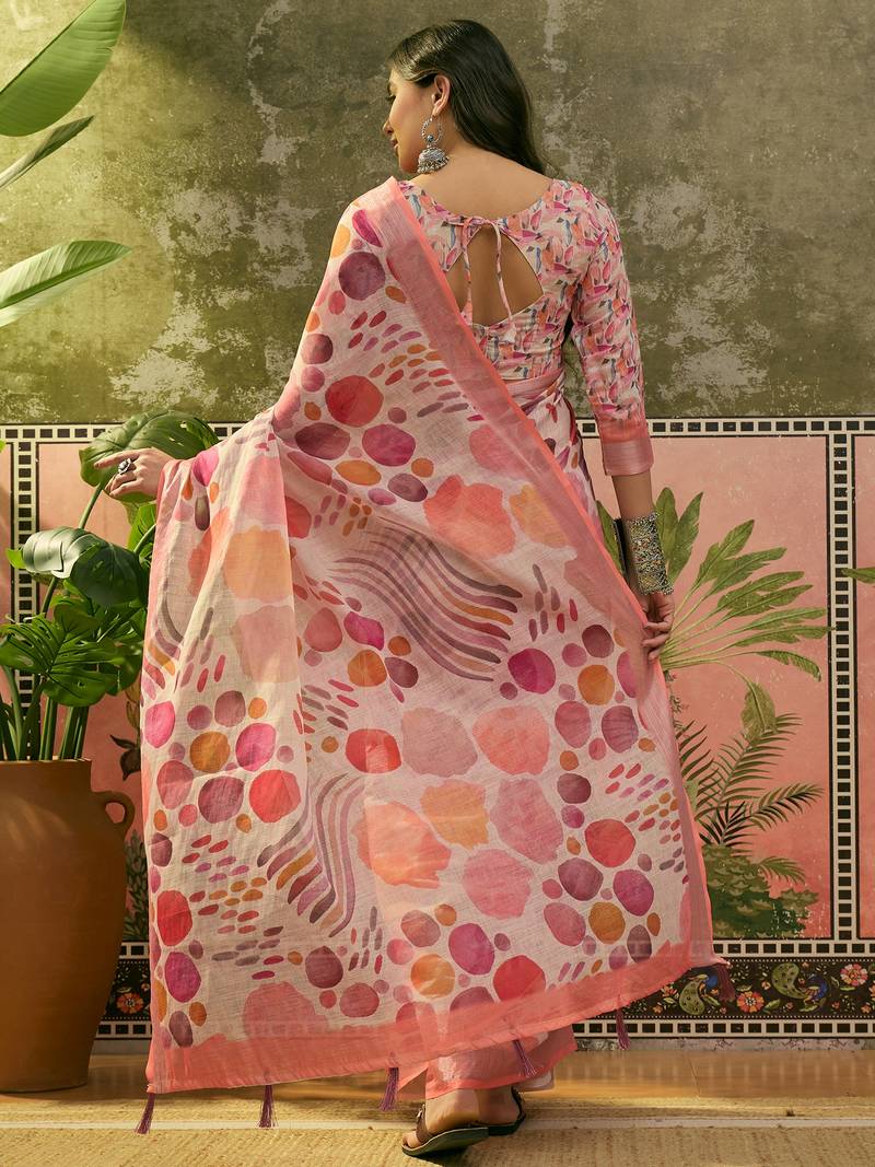 peach linen cotton blend digital printed abstract saree
