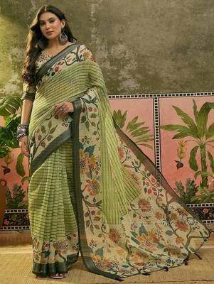 pista green linen cotton blend digital printed floral saree 1