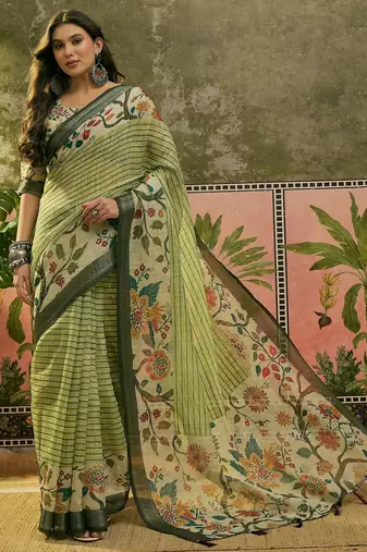 pista green linen cotton blend digital printed floral saree