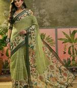 pista green linen cotton blend digital printed floral saree