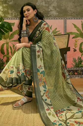 pista green linen cotton blend digital printed floral saree