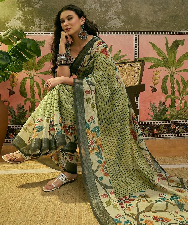 pista green linen cotton blend digital printed floral saree