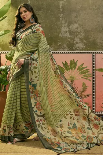 pista green linen cotton blend digital printed floral saree