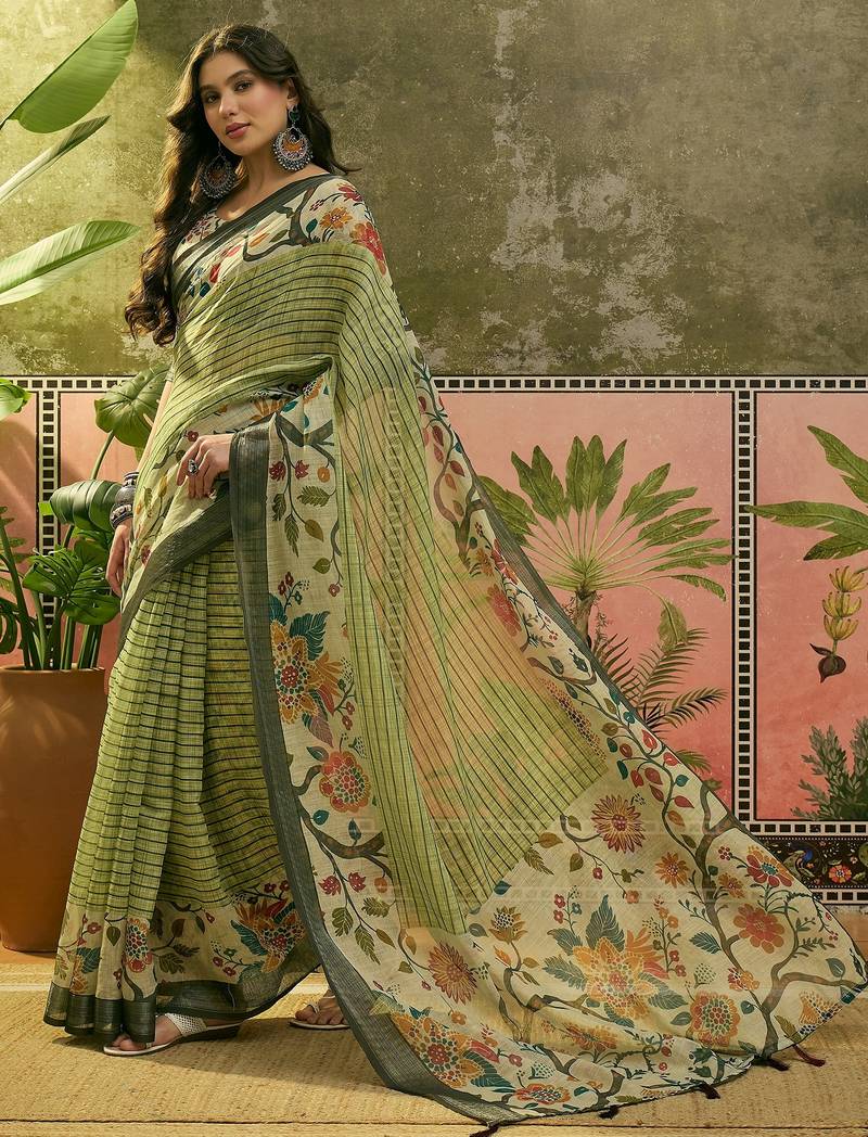 pista green linen cotton blend digital printed floral saree