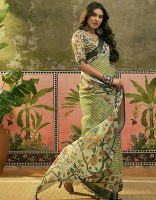 pista green linen cotton blend digital printed floral saree 4