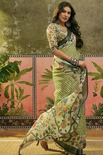 pista green linen cotton blend digital printed floral saree