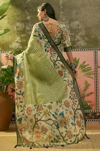 pista green linen cotton blend digital printed floral saree