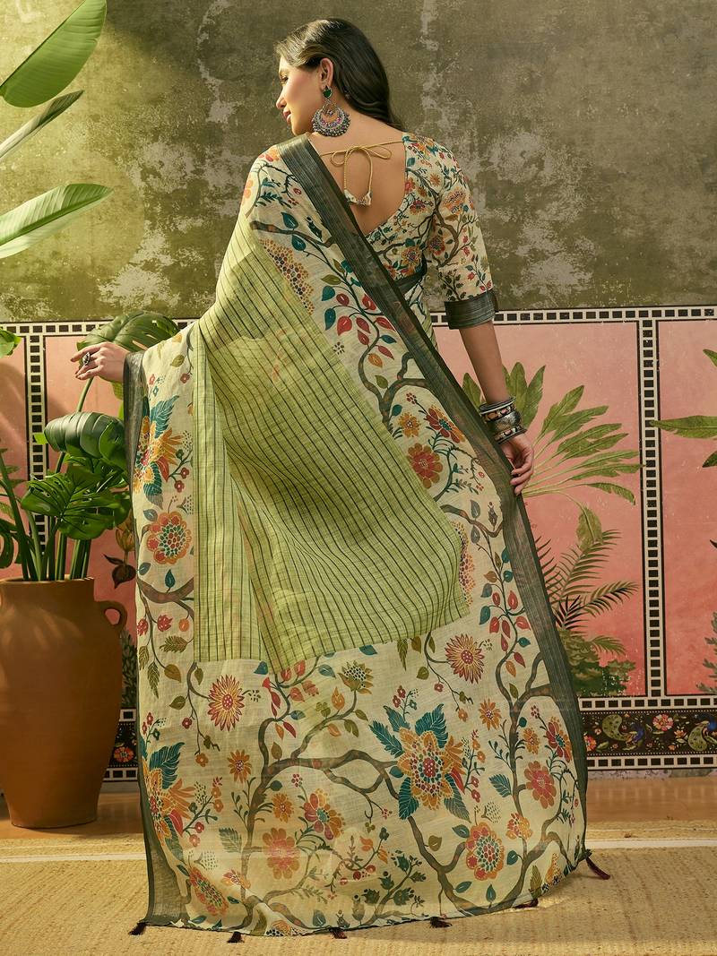 pista green linen cotton blend digital printed floral saree