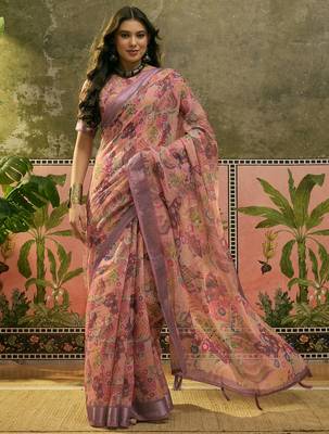 dusty pink linen cotton blend digital printed floral saree 1