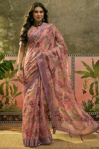 dusty pink linen cotton blend digital printed floral saree