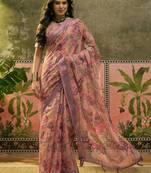 dusty pink linen cotton blend digital printed floral saree