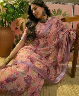 dusty pink linen cotton blend digital printed floral saree 2