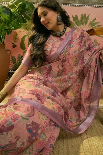 dusty pink linen cotton blend digital printed floral saree