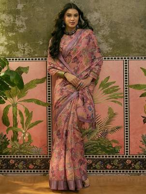 dusty pink linen cotton blend digital printed floral saree 3