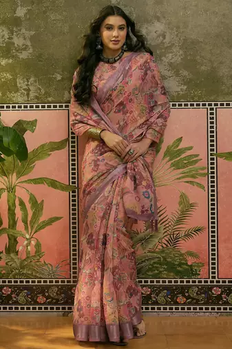 dusty pink linen cotton blend digital printed floral saree