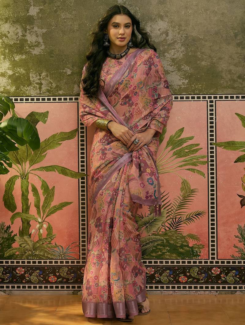 dusty pink linen cotton blend digital printed floral saree