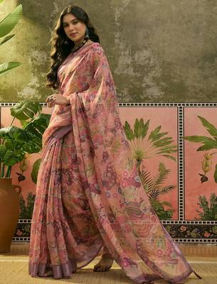 dusty pink linen cotton blend digital printed floral saree 4