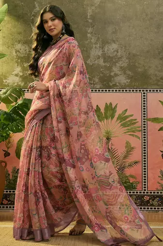 dusty pink linen cotton blend digital printed floral saree