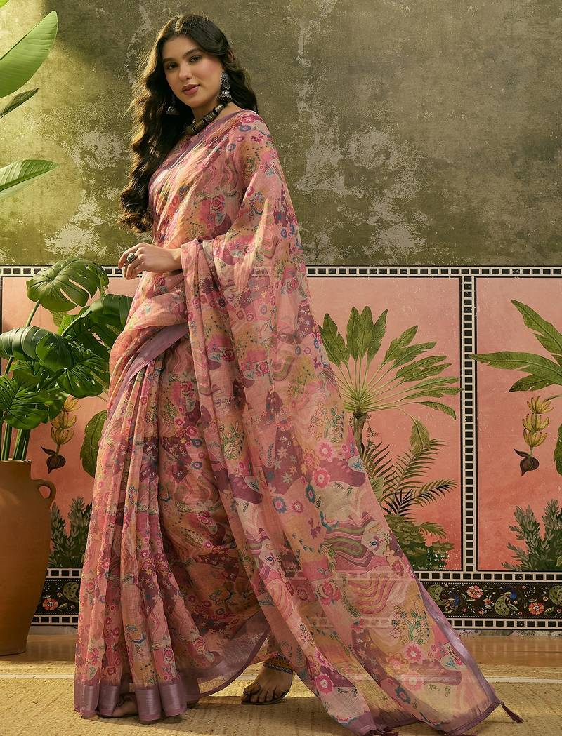 dusty pink linen cotton blend digital printed floral saree