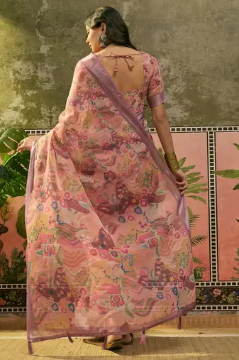 dusty pink linen cotton blend digital printed floral saree