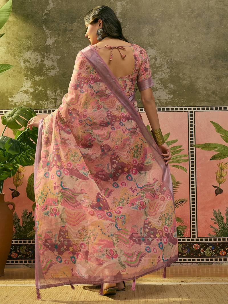 dusty pink linen cotton blend digital printed floral saree