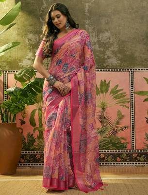 rani pink linen cotton blend digital printed paisley saree 1