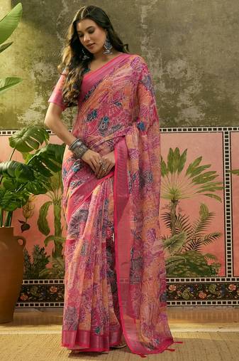 rani pink linen cotton blend digital printed paisley saree