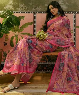 rani pink linen cotton blend digital printed paisley saree 2
