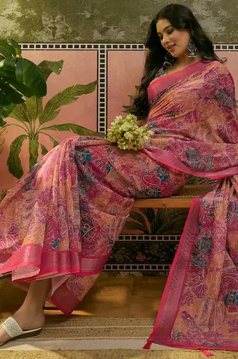 rani pink linen cotton blend digital printed paisley saree