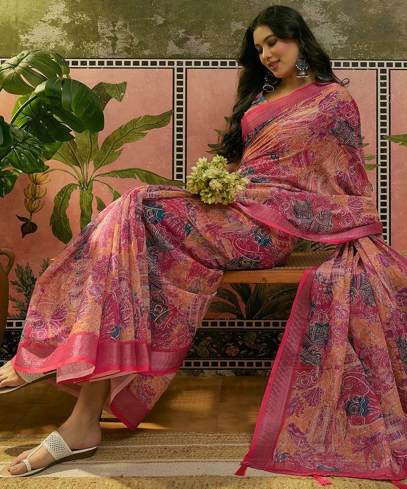 rani pink linen cotton blend digital printed paisley saree