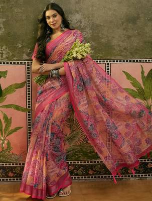 rani pink linen cotton blend digital printed paisley saree 3