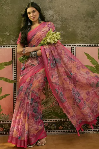 rani pink linen cotton blend digital printed paisley saree