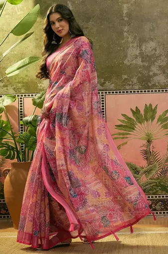 rani pink linen cotton blend digital printed paisley saree
