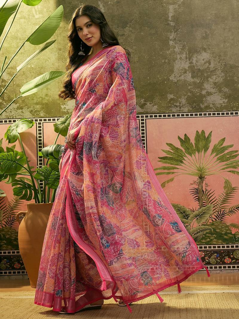 rani pink linen cotton blend digital printed paisley saree