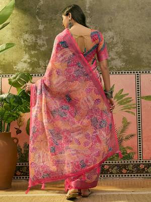 rani pink linen cotton blend digital printed paisley saree 5