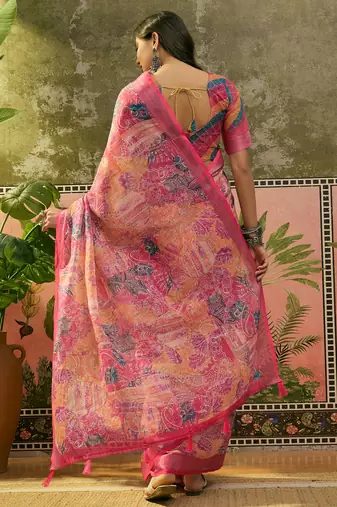 rani pink linen cotton blend digital printed paisley saree