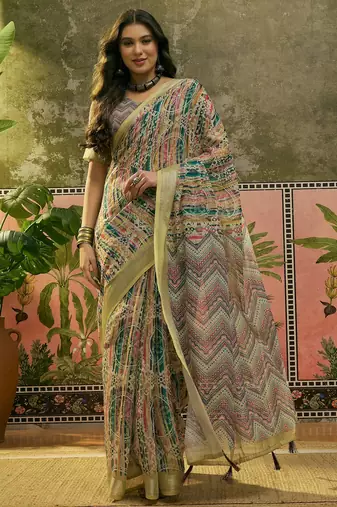 multicolour linen cotton blend digital printed chevron saree