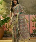 multicolour linen cotton blend digital printed chevron saree