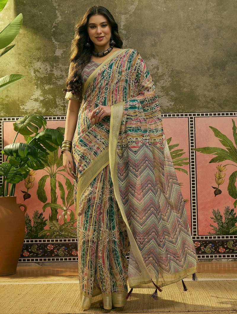 multicolour linen cotton blend digital printed chevron saree