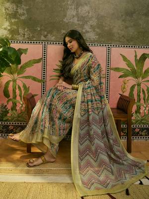 multicolour linen cotton blend digital printed chevron saree 2