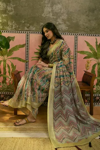 multicolour linen cotton blend digital printed chevron saree